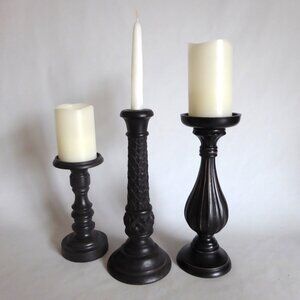 NEW 8”, 11.5” 12” CARVED BLACK WOOD CANDLE HOLDER SET OF 3 WITH BATTERY CANDLES